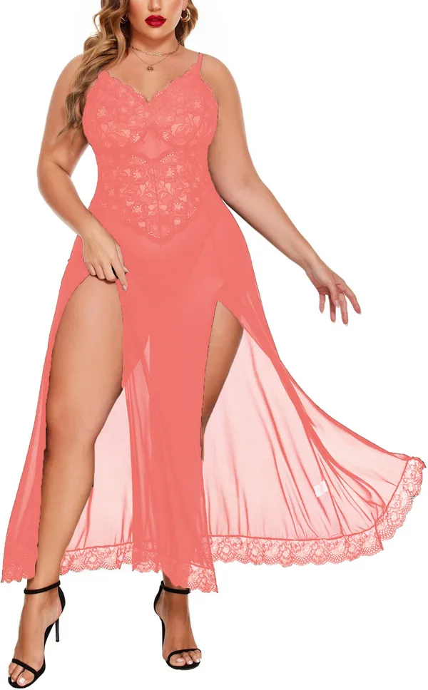 Tryforus_Plus_Size_Lingerie_for_Women_Sexy_Lace_Babydoll_Long_Lingerie_Dress_Side_Split_Nightgown