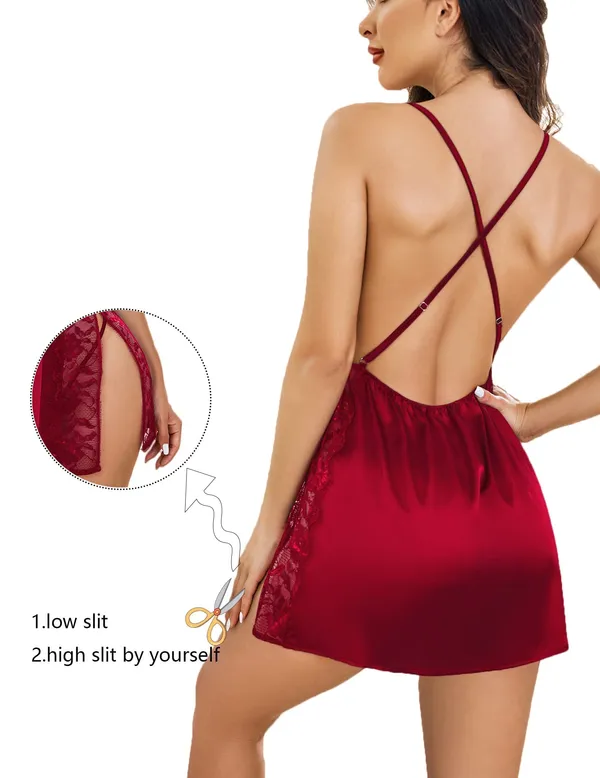 Women_Lingerie_Front_Closure_Babydoll_Lace_Chemise_V_Neck_Ruffle_Nightgown_Sexy_Sleepwear