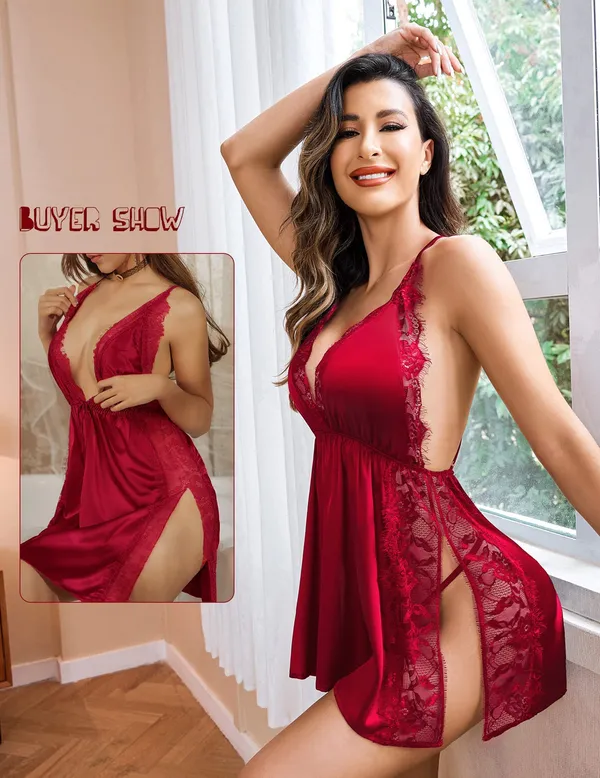 Women_Lingerie_Front_Closure_Babydoll_Lace_Chemise_V_Neck_Ruffle_Nightgown_Sexy_Sleepwear