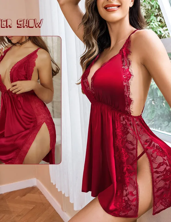 Women_Lingerie_Front_Closure_Babydoll_Lace_Chemise_V_Neck_Ruffle_Nightgown_Sexy_Sleepwear