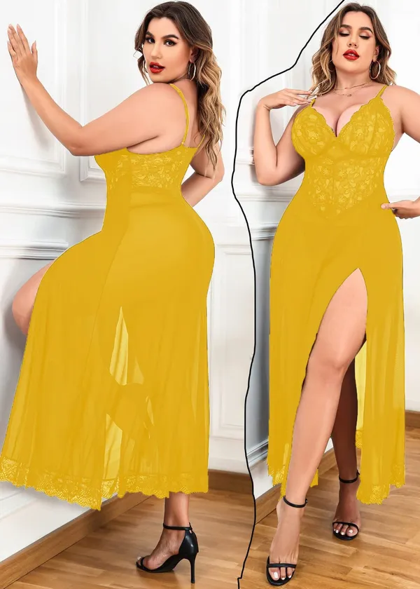 Tryforus_Plus_Size_Lingerie_for_Women_Sexy_Lace_Babydoll_Long_Lingerie_Dress_Side_Split_Nightgown