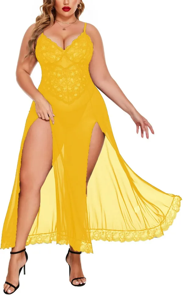 Tryforus_Plus_Size_Lingerie_for_Women_Sexy_Lace_Babydoll_Long_Lingerie_Dress_Side_Split_Nightgown