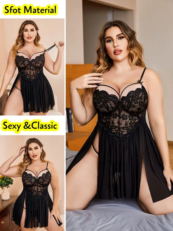 Lingerie_Lace_Babydoll_Womens_Strap_Chemise_Nightgown_V_Neck_Nighty_Mesh_Sleepwear_Side_Slit_Nightdress
