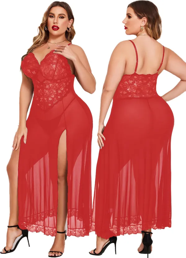 Tryforus_Plus_Size_Lingerie_for_Women_Sexy_Lace_Babydoll_Long_Lingerie_Dress_Side_Split_Nightgown