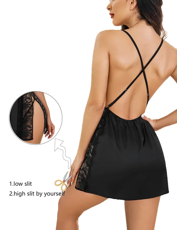Women_Lingerie_Front_Closure_Babydoll_Lace_Chemise_V_Neck_Ruffle_Nightgown_Sexy_Sleepwear