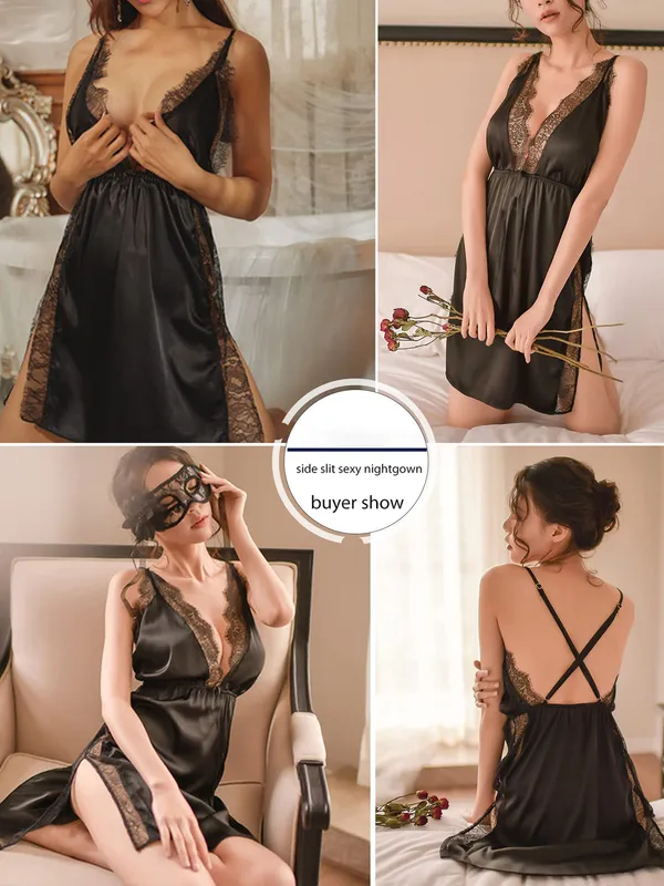 Women_Lingerie_Front_Closure_Babydoll_Lace_Chemise_V_Neck_Ruffle_Nightgown_Sexy_Sleepwear