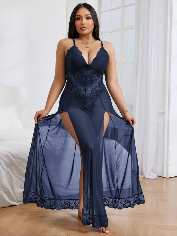 Sexy_Split_Mesh_Lace_Floral_Sheer_Babydoll_Lingerie_Outfit_Dress_2_Piece�