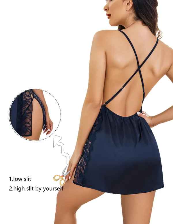 Women_Lingerie_Front_Closure_Babydoll_Lace_Chemise_V_Neck_Ruffle_Nightgown_Sexy_Sleepwear