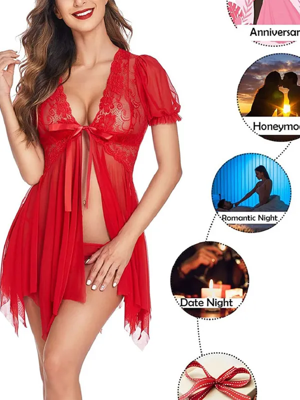 Sexy_Lingerie_Women_Lace_Babydolls_Chemise_Set_Sheer_Floral_Lace_Split_Hem_Nightgown_Mesh_Panties_Babydoll