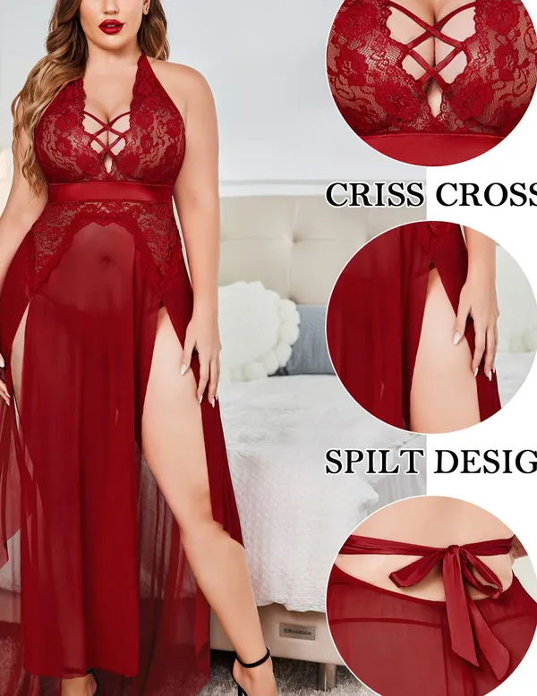 Plus_Size_Lingerie_For_Women_Babydoll_Sexy_Mesh_Maxi_Nightdress_Exotic_Sleepwear_Side_Slits