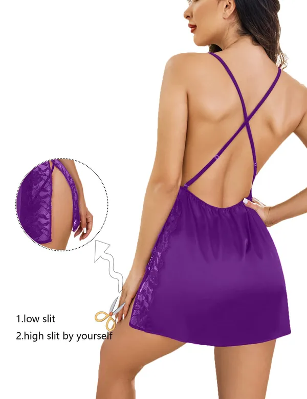 Women_Lingerie_Front_Closure_Babydoll_Lace_Chemise_V_Neck_Ruffle_Nightgown_Sexy_Sleepwear