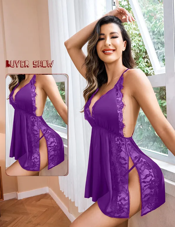 Women_Lingerie_Front_Closure_Babydoll_Lace_Chemise_V_Neck_Ruffle_Nightgown_Sexy_Sleepwear