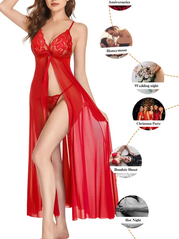Sexy_Sleepwear_Set_for_Women_V_Neck_Floral_Lace_Mesh_High_Split_Nightdress_Thong_Babydoll_Flowy_Chemise_Lingerie_Sets