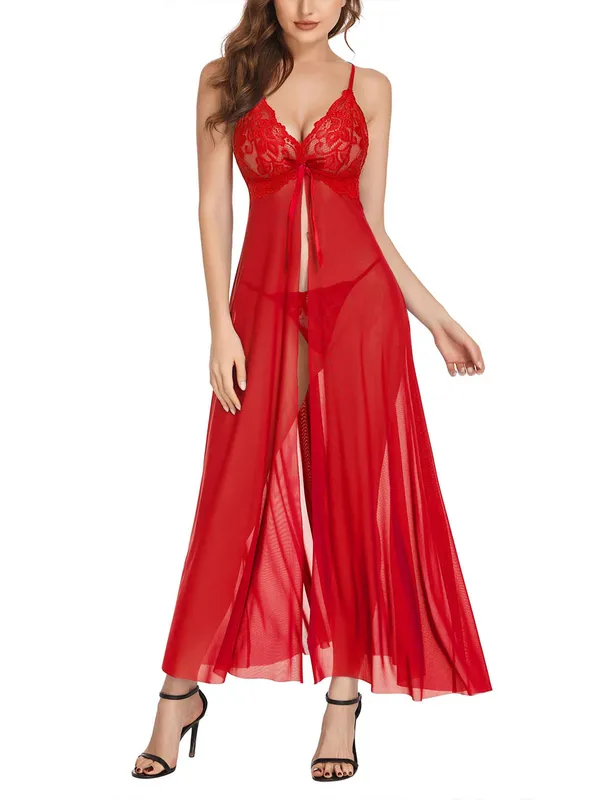Sexy_Sleepwear_Set_for_Women_V_Neck_Floral_Lace_Mesh_High_Split_Nightdress_Thong_Babydoll_Flowy_Chemise_Lingerie_Sets