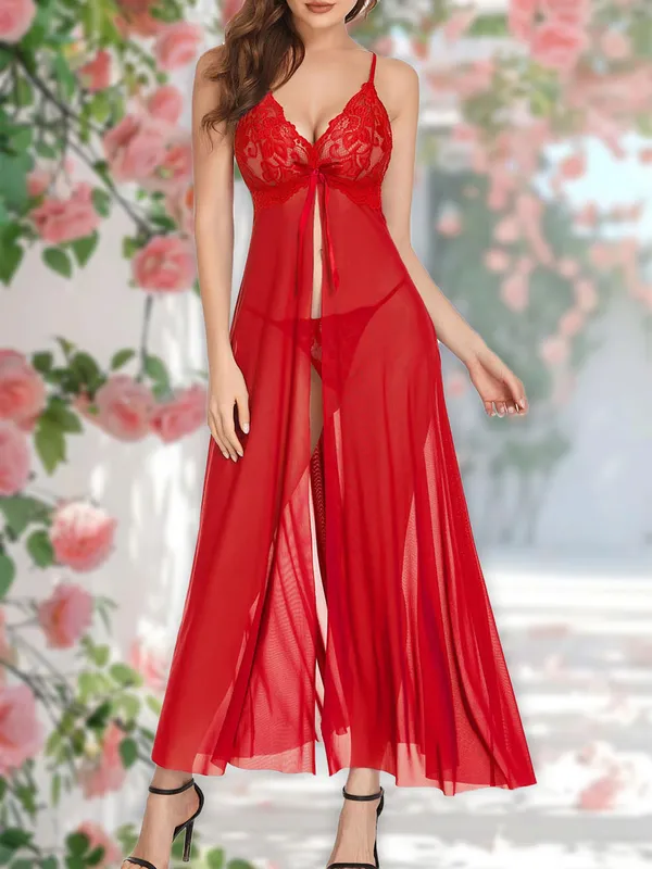 Sexy_Sleepwear_Set_for_Women_V_Neck_Floral_Lace_Mesh_High_Split_Nightdress_Thong_Babydoll_Flowy_Chemise_Lingerie_Sets