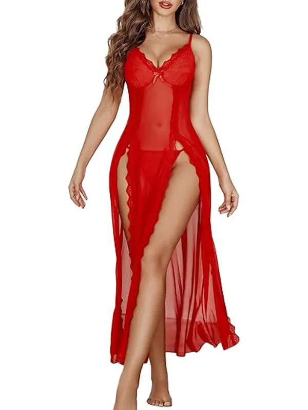 Women_Lingerie_Lace_Babydoll_Chemise_Sexy_Mesh_Nightdress_V_Neck_Nightwear_Side_Split_Nightgown