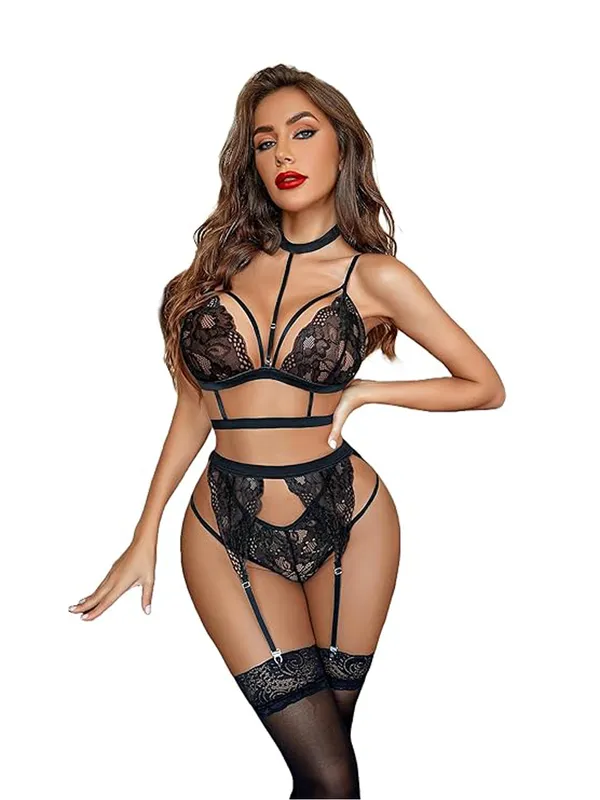 Lace_Strappy_Chocker_Full_Lingerie_Set_Black_Babydoll_Sleepwear-Black
