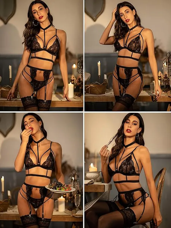 Lace_Strappy_Chocker_Full_Lingerie_Set_Black_Babydoll_Sleepwear-Black