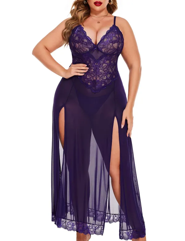 Tryforus_Plus_Size_Lingerie_for_Women_Sexy_Lace_Babydoll_Long_Lingerie_Dress_Side_Split_Nightgown
