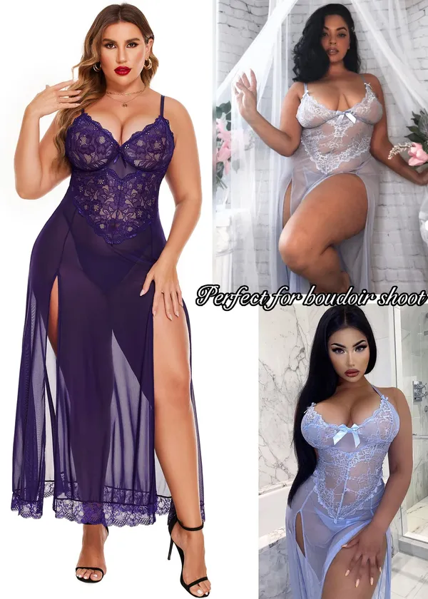 Tryforus_Plus_Size_Lingerie_for_Women_Sexy_Lace_Babydoll_Long_Lingerie_Dress_Side_Split_Nightgown