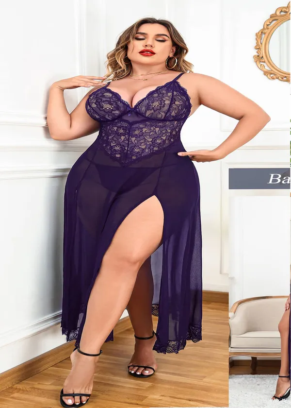Tryforus_Plus_Size_Lingerie_for_Women_Sexy_Lace_Babydoll_Long_Lingerie_Dress_Side_Split_Nightgown
