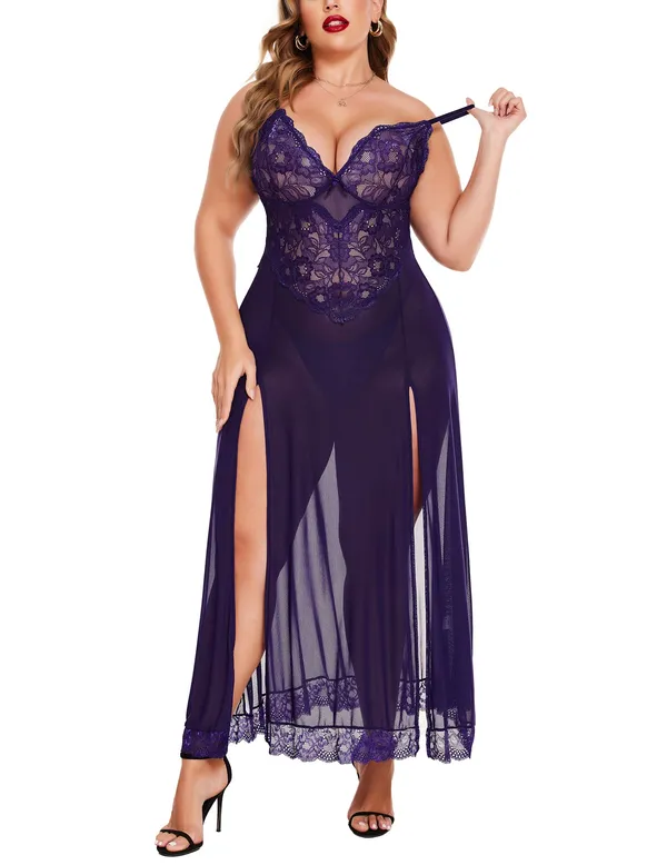 Tryforus_Plus_Size_Lingerie_for_Women_Sexy_Lace_Babydoll_Long_Lingerie_Dress_Side_Split_Nightgown