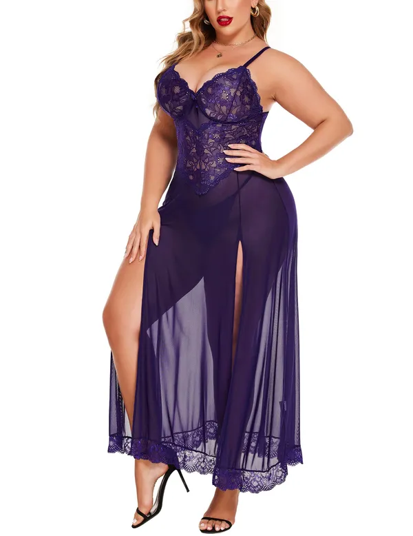 Tryforus_Plus_Size_Lingerie_for_Women_Sexy_Lace_Babydoll_Long_Lingerie_Dress_Side_Split_Nightgown