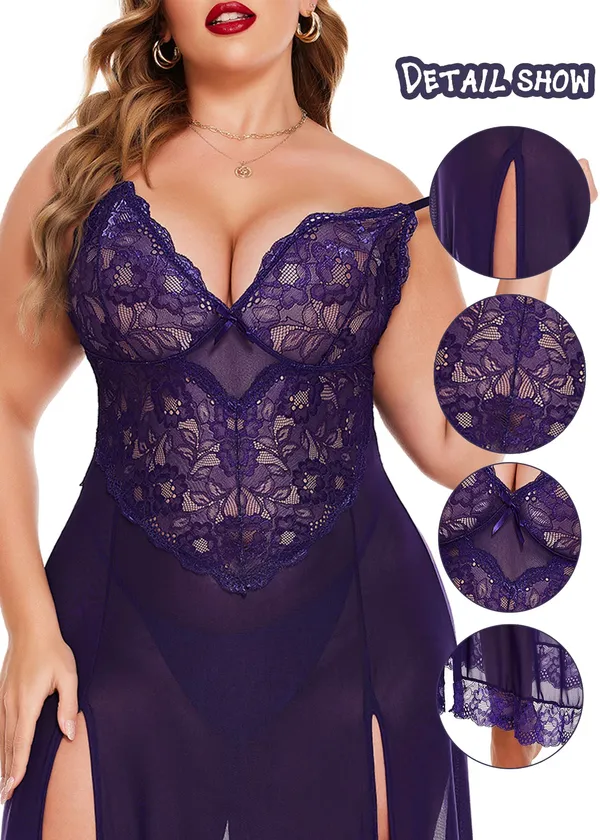 Tryforus_Plus_Size_Lingerie_for_Women_Sexy_Lace_Babydoll_Long_Lingerie_Dress_Side_Split_Nightgown