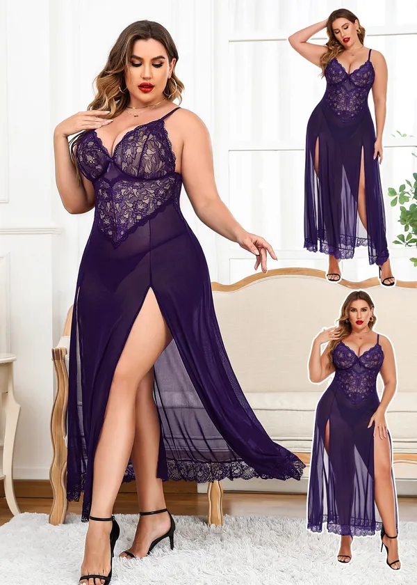 Tryforus_Plus_Size_Lingerie_for_Women_Sexy_Lace_Babydoll_Long_Lingerie_Dress_Side_Split_Nightgown