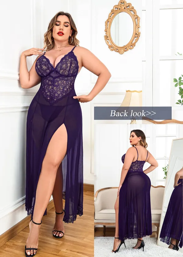 Tryforus_Plus_Size_Lingerie_for_Women_Sexy_Lace_Babydoll_Long_Lingerie_Dress_Side_Split_Nightgown