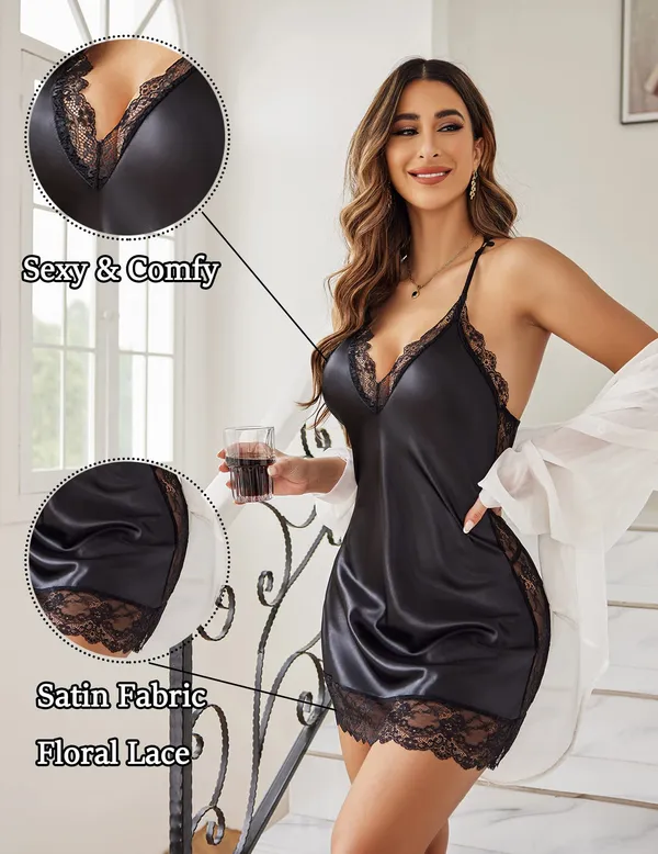 Women's_Med_Lingerie_Satin_Lace_Chemise_Nightgown_Full_Slips_Sleepwear