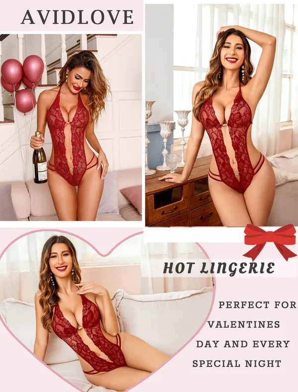Women_1_Piece_Lingerie_Sexy_Lace_Bodysuit_Deep_V_Teddy_Babydolls�