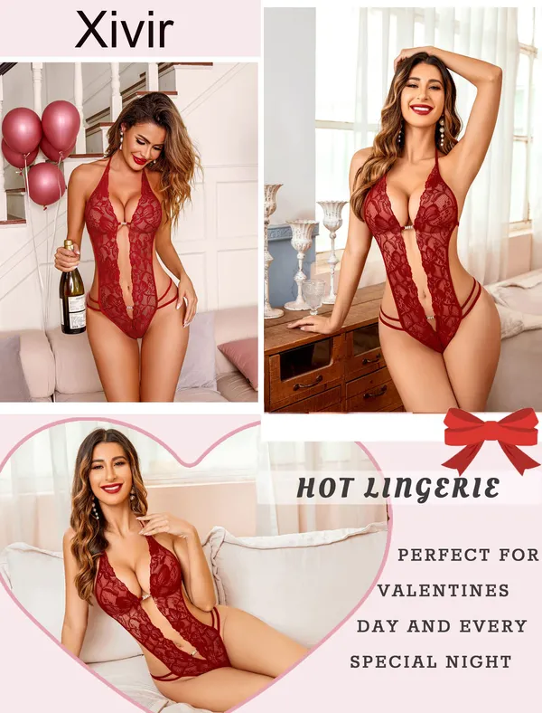 Women_1_Piece_Lingerie_Sexy_Lace_Bodysuit_Deep_V_Teddy_Babydolls�