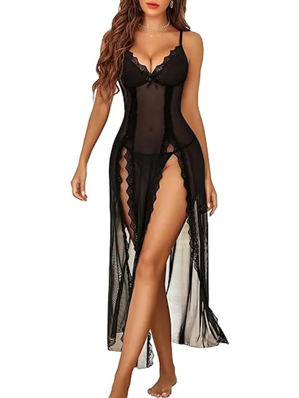 Women_Lingerie_Lace_Babydoll_Chemise_Sexy_Mesh_Nightdress_V_Neck_Nightwear_Side_Split_Nightgown
