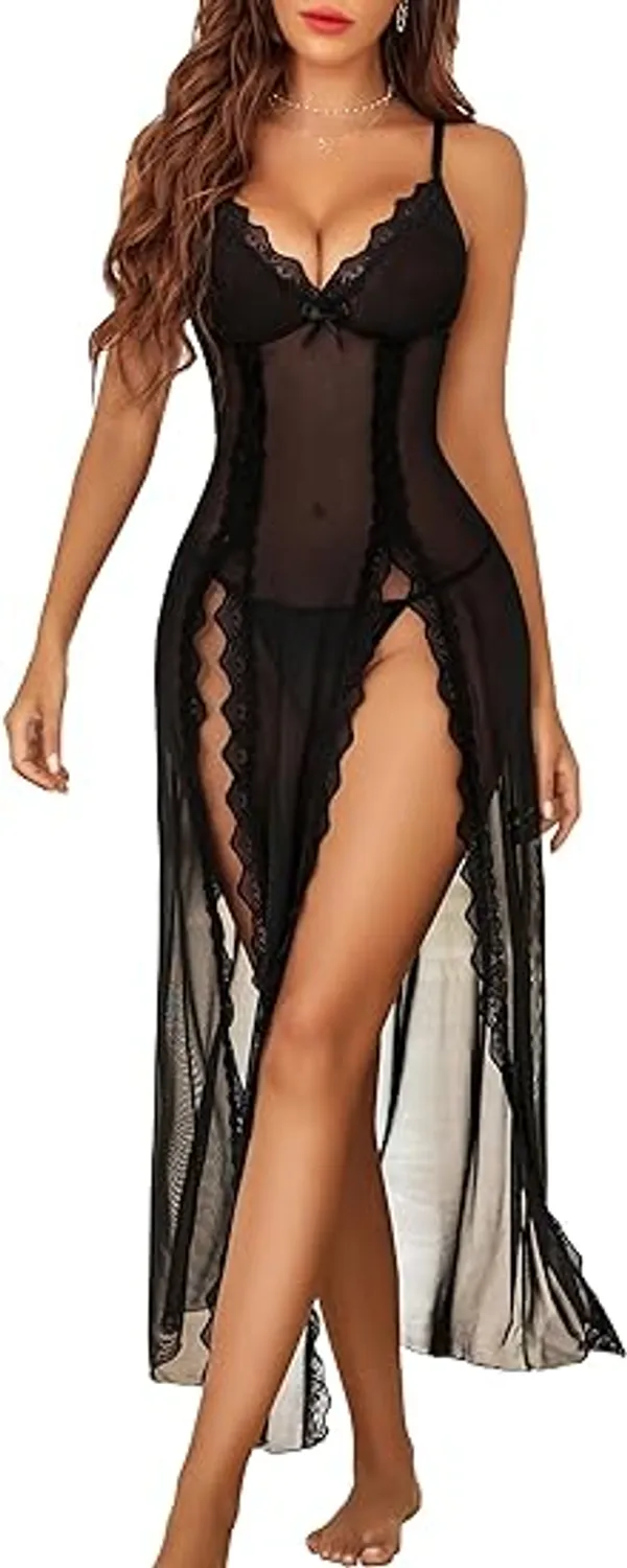 Women_Lingerie_Lace_Babydoll_Chemise_Sexy_Mesh_Nightdress_V_Neck_Nightwear_Side_Split_Nightgown