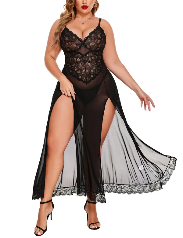 Tryforus_Plus_Size_Lingerie_for_Women_Sexy_Lace_Babydoll_Long_Lingerie_Dress_Side_Split_Nightgown