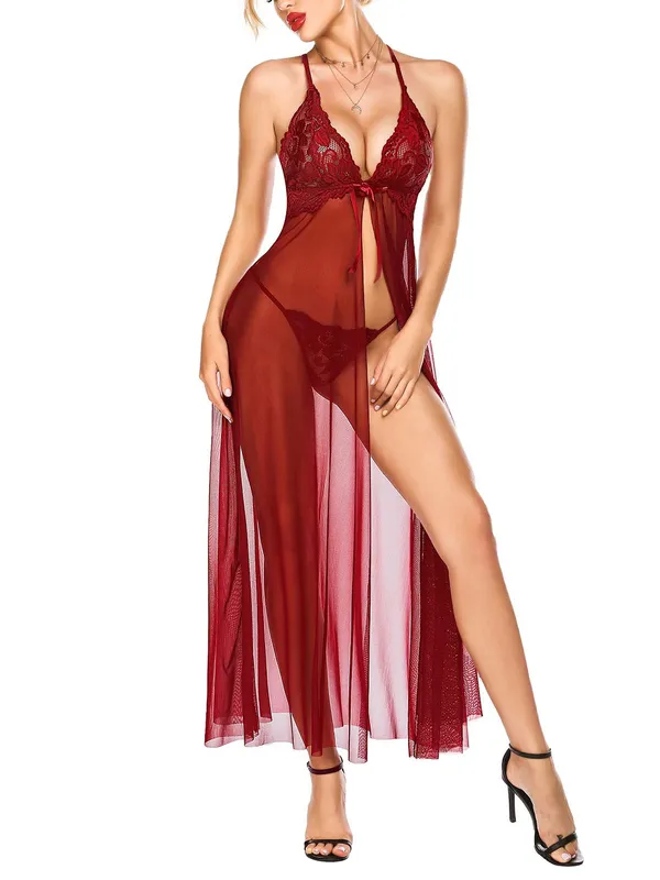 Sexy_Sleepwear_Set_for_Women_V_Neck_Floral_Lace_Mesh_High_Split_Nightdress_Thong_Babydoll_Flowy_Chemise_Lingerie_Sets