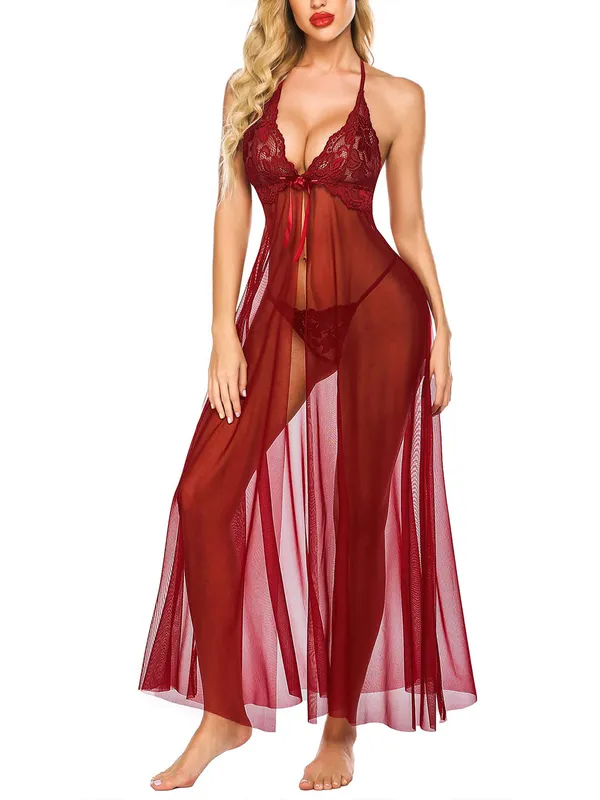 Sexy_Sleepwear_Set_for_Women_V_Neck_Floral_Lace_Mesh_High_Split_Nightdress_Thong_Babydoll_Flowy_Chemise_Lingerie_Sets