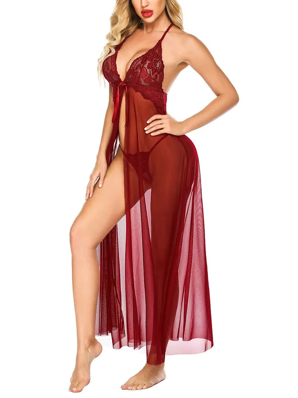 Sexy_Sleepwear_Set_for_Women_V_Neck_Floral_Lace_Mesh_High_Split_Nightdress_Thong_Babydoll_Flowy_Chemise_Lingerie_Sets