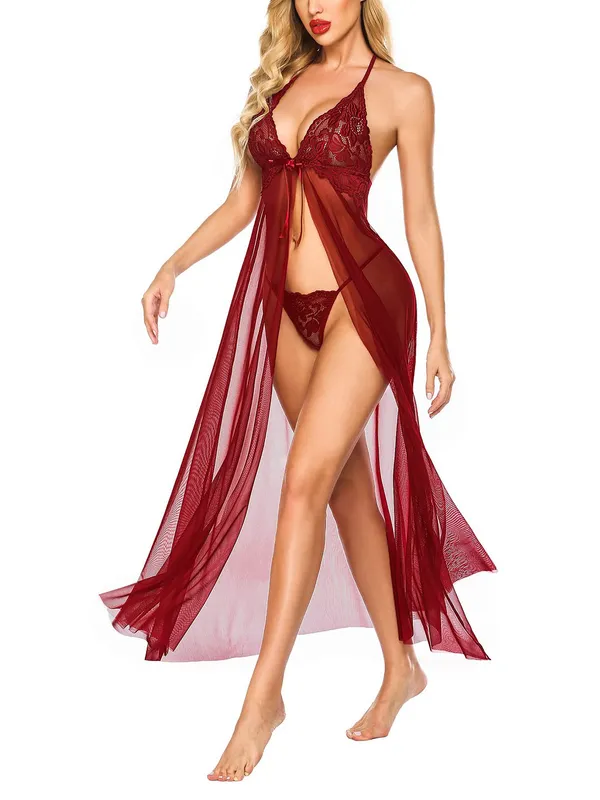 Sexy_Sleepwear_Set_for_Women_V_Neck_Floral_Lace_Mesh_High_Split_Nightdress_Thong_Babydoll_Flowy_Chemise_Lingerie_Sets