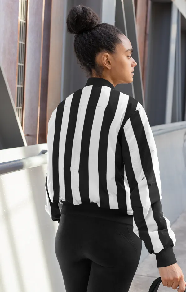 Black_&_White_Vertical_Strips_Premium_Fabric_Womens_Premium_Bomber_Jacket