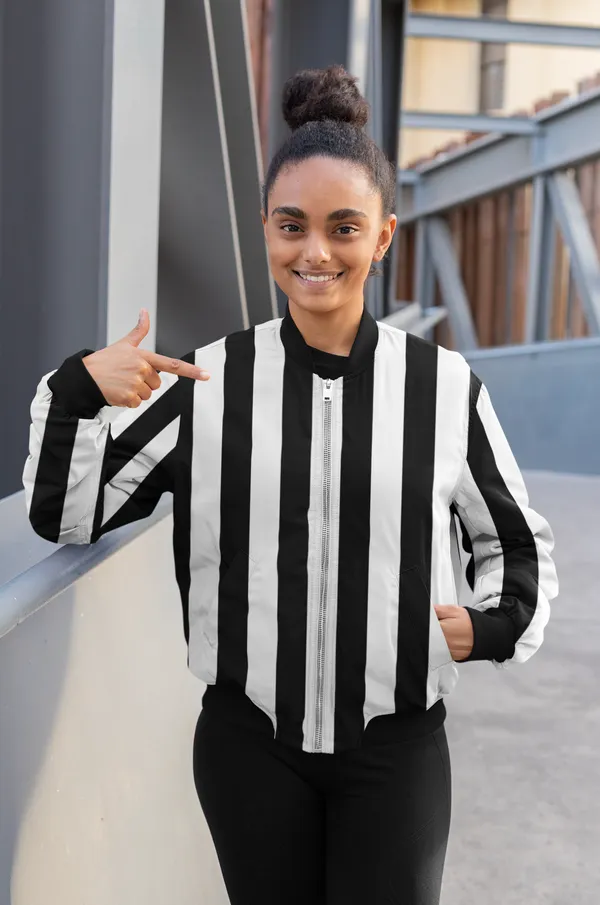 Black_&_White_Vertical_Strips_Premium_Fabric_Womens_Premium_Bomber_Jacket