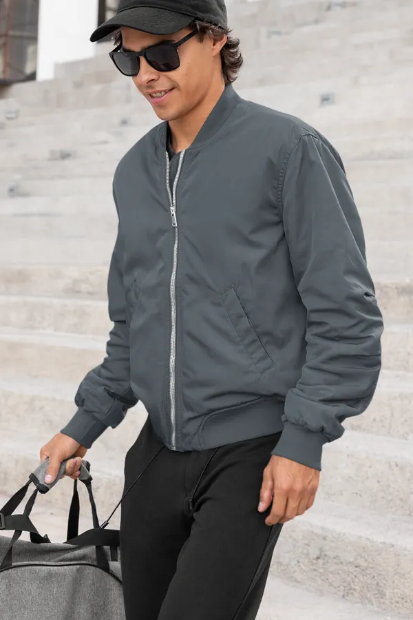 Grey_Soft,_Breathable_Fabric_Mens_Classic_Plain_Bomber_Jacket