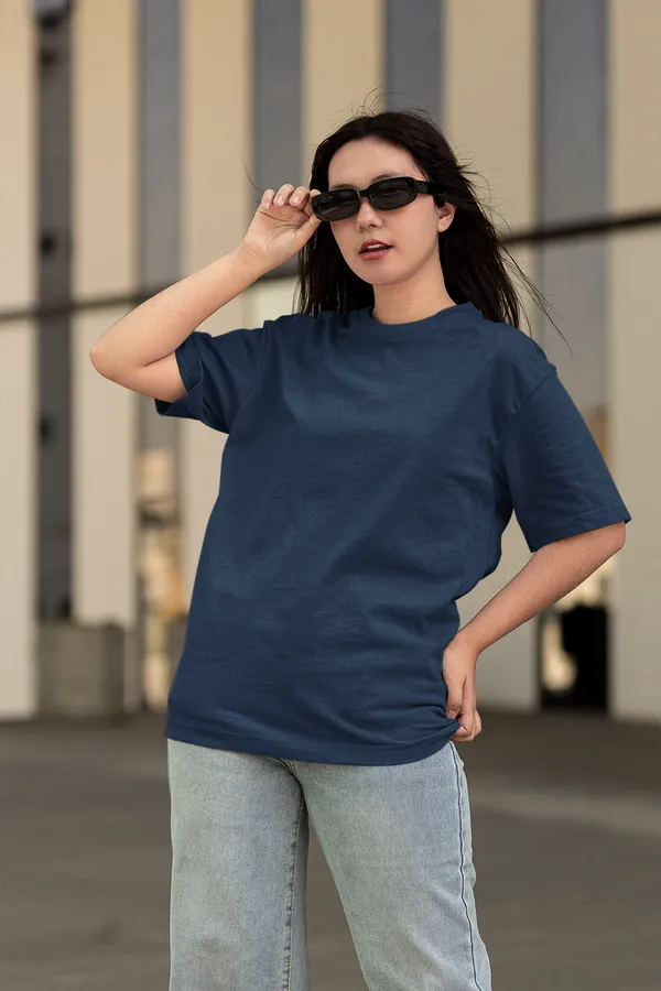 Navy_Blue_Cotton_Blend_Womens_Signature_Designer_Tee