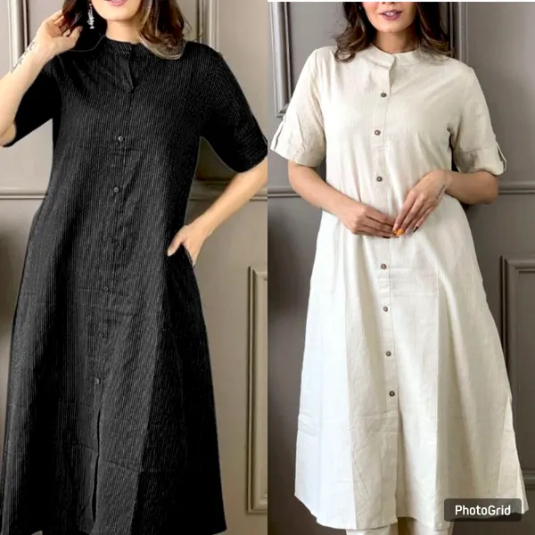 Off_White_&_Black_Katha_Work_A-Line_Kurta_With_Half_Sleeves,_Collar_Design,_Front_Buttons_&_Palazzo_With_Elastic_Waistband_For_Women