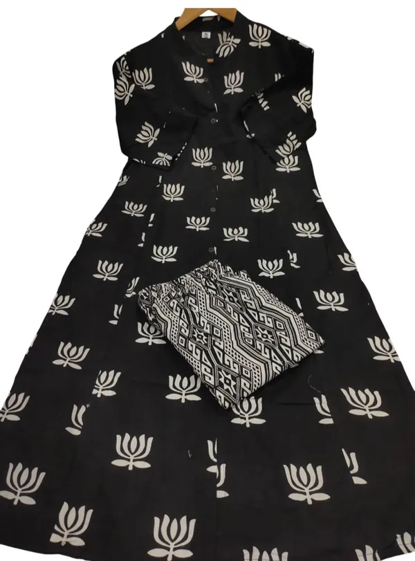 Black_and_White_Floral_Cotton_Kurta_Palazzo_Co-Ord_Set_A-Line_Kurta_With_3/4Th_Sleeves_&_Matching_Pants_Summer_Ethnic Wear For Women