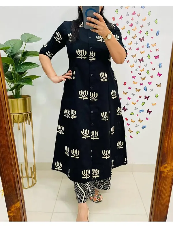Black_and_White_Floral_Cotton_Kurta_Palazzo_Co-Ord_Set_A-Line_Kurta_With_3/4Th_Sleeves_&_Matching_Pants_Summer_Ethnic Wear For Women