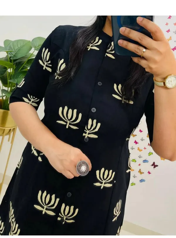 Black_and_White_Floral_Cotton_Kurta_Palazzo_Co-Ord_Set_A-Line_Kurta_With_3/4Th_Sleeves_&_Matching_Pants_Summer_Ethnic Wear For Women