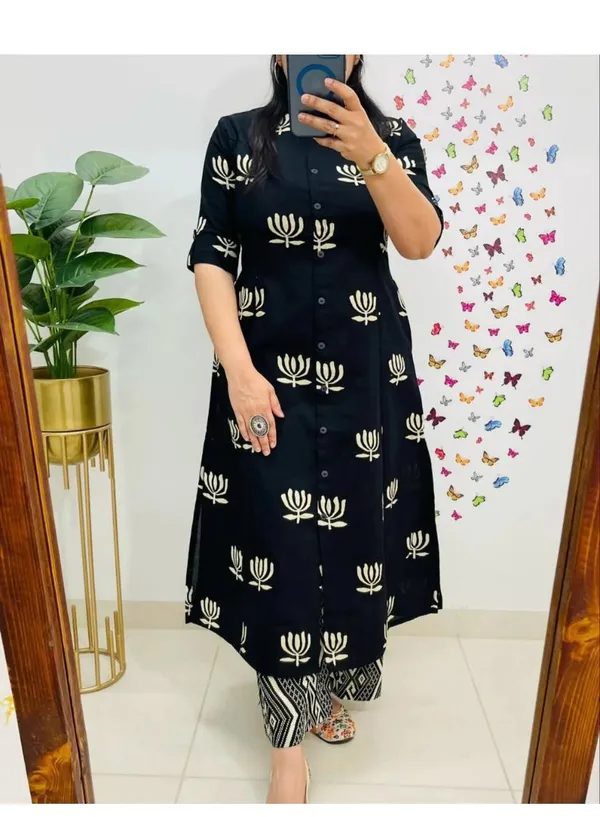 Black_and_White_Floral_Cotton_Kurta_Palazzo_Co-Ord_Set_A-Line_Kurta_With_3/4Th_Sleeves_&_Matching_Pants_Summer_Ethnic Wear For Women