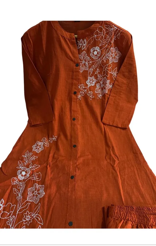 A-line_Embroidary_Work_Rust_Cotton_slub_co-ord_set